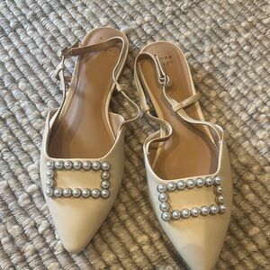 a new day Pearl-Embellished Pointed Slingback Flats in Cream